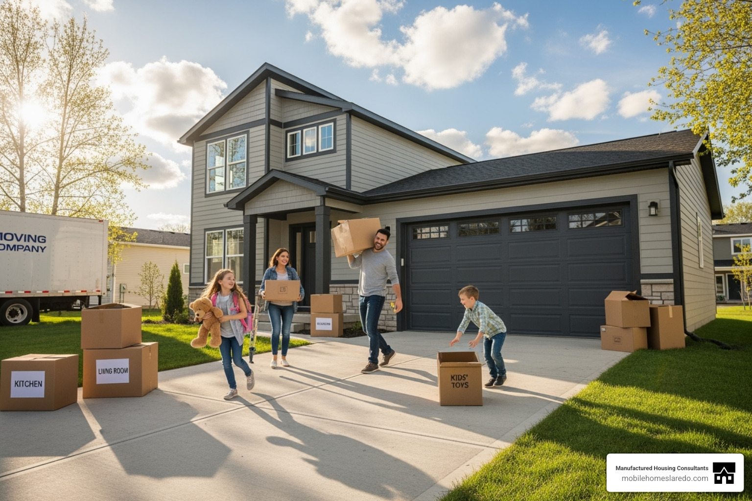 family moving into their new modular home with an attached garage - modular homes with attached garages family moving into their new modular home with an attached garage - modular homes with attached garages