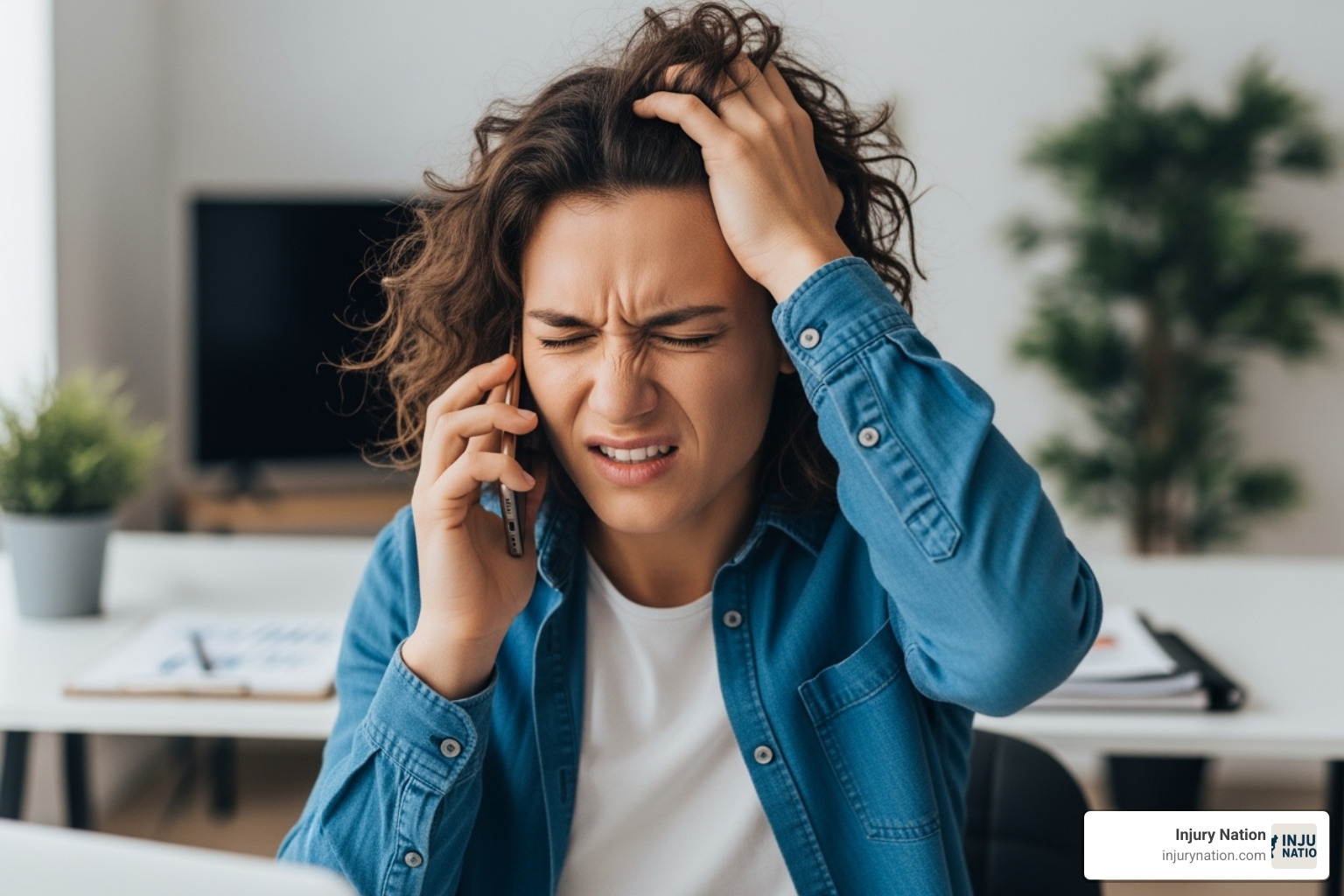 person looking stressed while on the phone - lawyers for injured workers