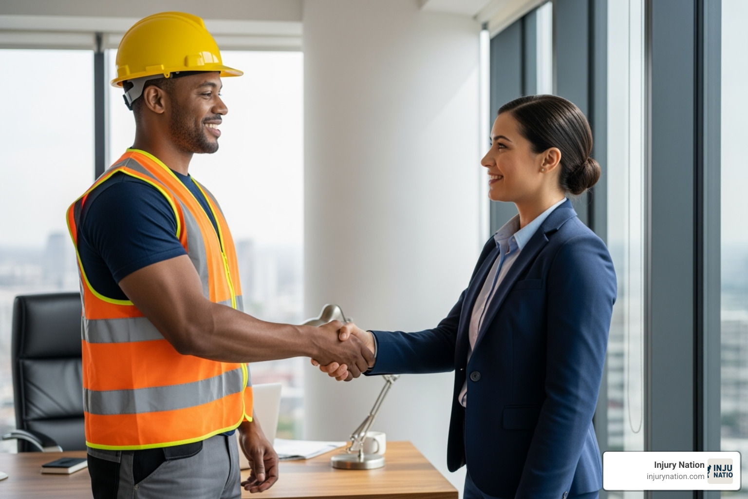 confident worker shaking hands with lawyer - lawyers for injured workers
