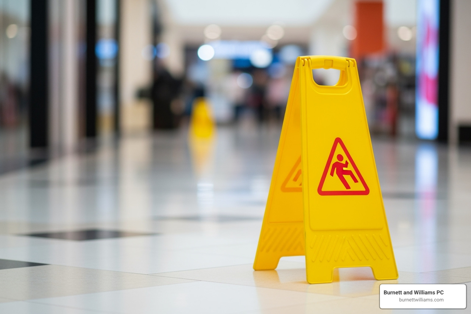 A 'Caution: Wet Floor' sign in a public area - Virginia premises liability A 'Caution: Wet Floor' sign in a public area - Virginia premises liability
