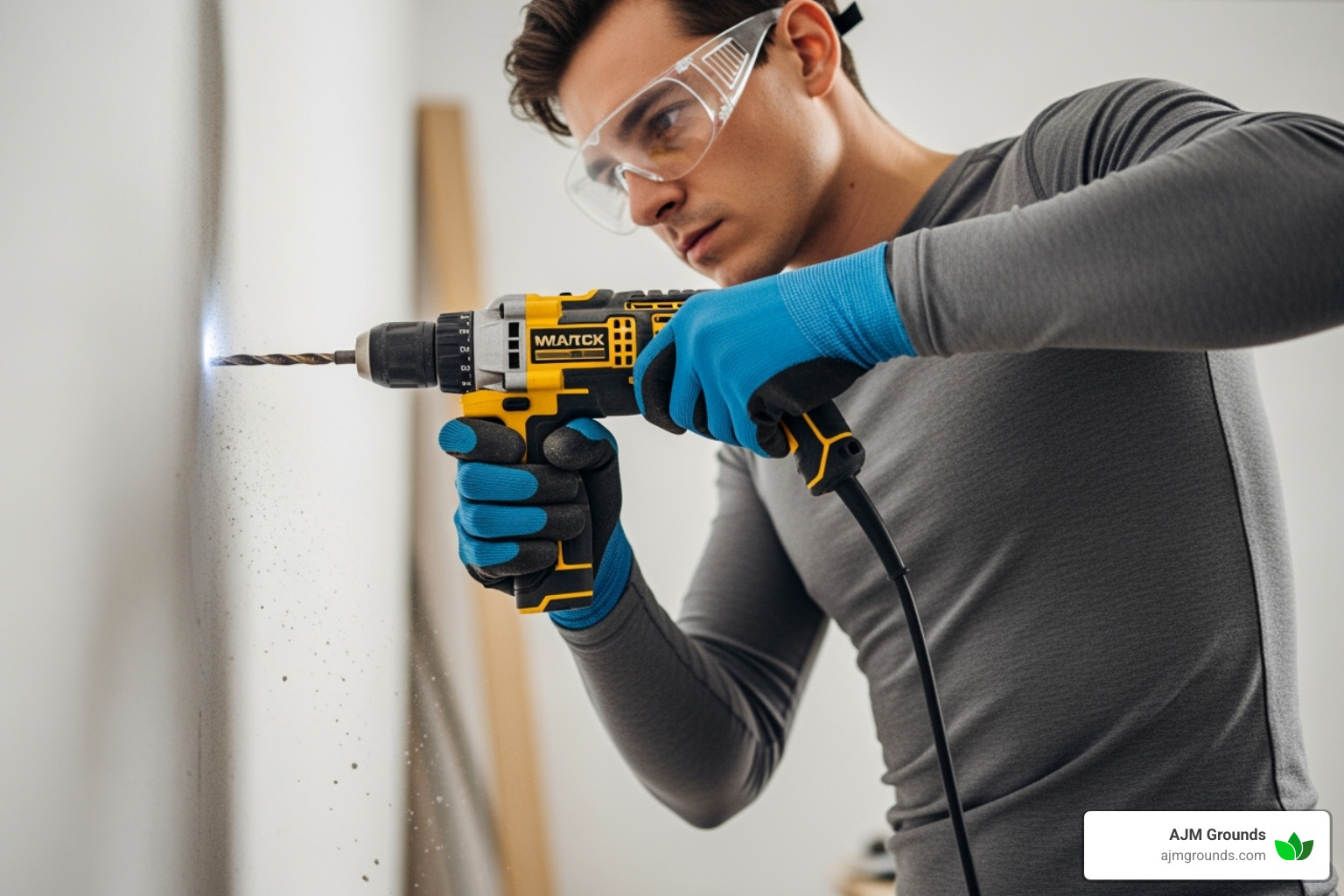 A person wearing safety goggles and gloves while using a drill - installing a patio awning
