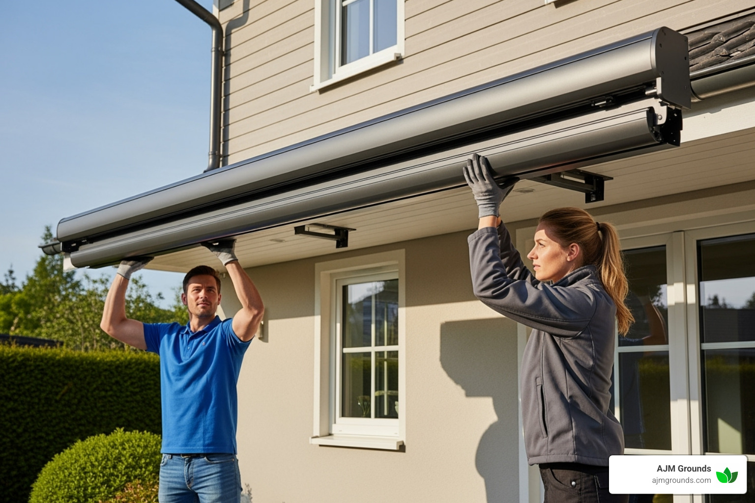 Two people lifting the awning cassette onto the installed brackets - installing a patio awning