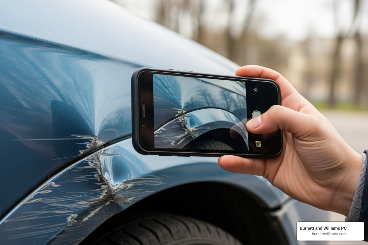 Person taking a photo of car damage with their phone - Leesburg Personal Injury Attorney Person taking a photo of car damage with their phone - Leesburg Personal Injury Attorney