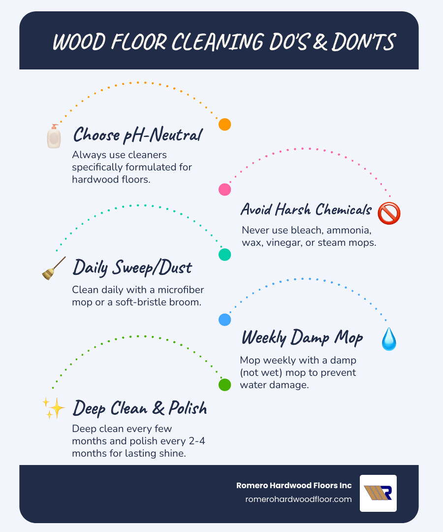 infographic showing wood floor cleaning do's and don'ts including use pH-neutral cleaners, avoid vinegar and bleach, use microfiber mops, avoid excess water, sweep daily, and polish every 2-4 months - Wood Floor Cleaner infographic infographic-line-5-steps-blues-accent_colors