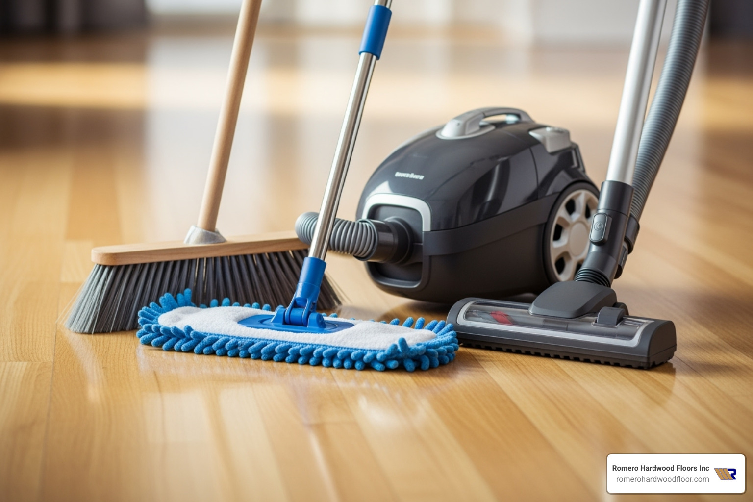 essential cleaning tools: a microfiber mop, a soft-bristle broom, and a vacuum with a hardwood floor attachment - Wood Floor Cleaner