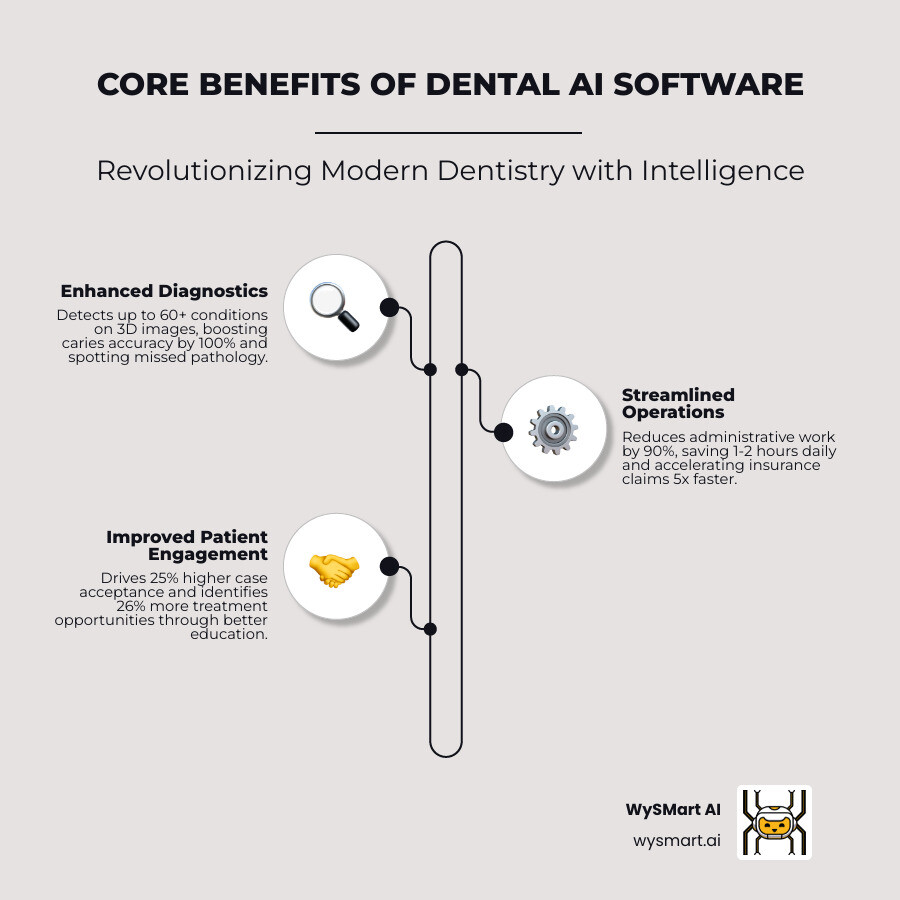 infographic explaining the three core benefits of Dental AI: Improved Diagnostics, Streamlined Operations, and Improved Patient Engagement - Dental AI software infographic infographic-line-3-steps-elegant_beige