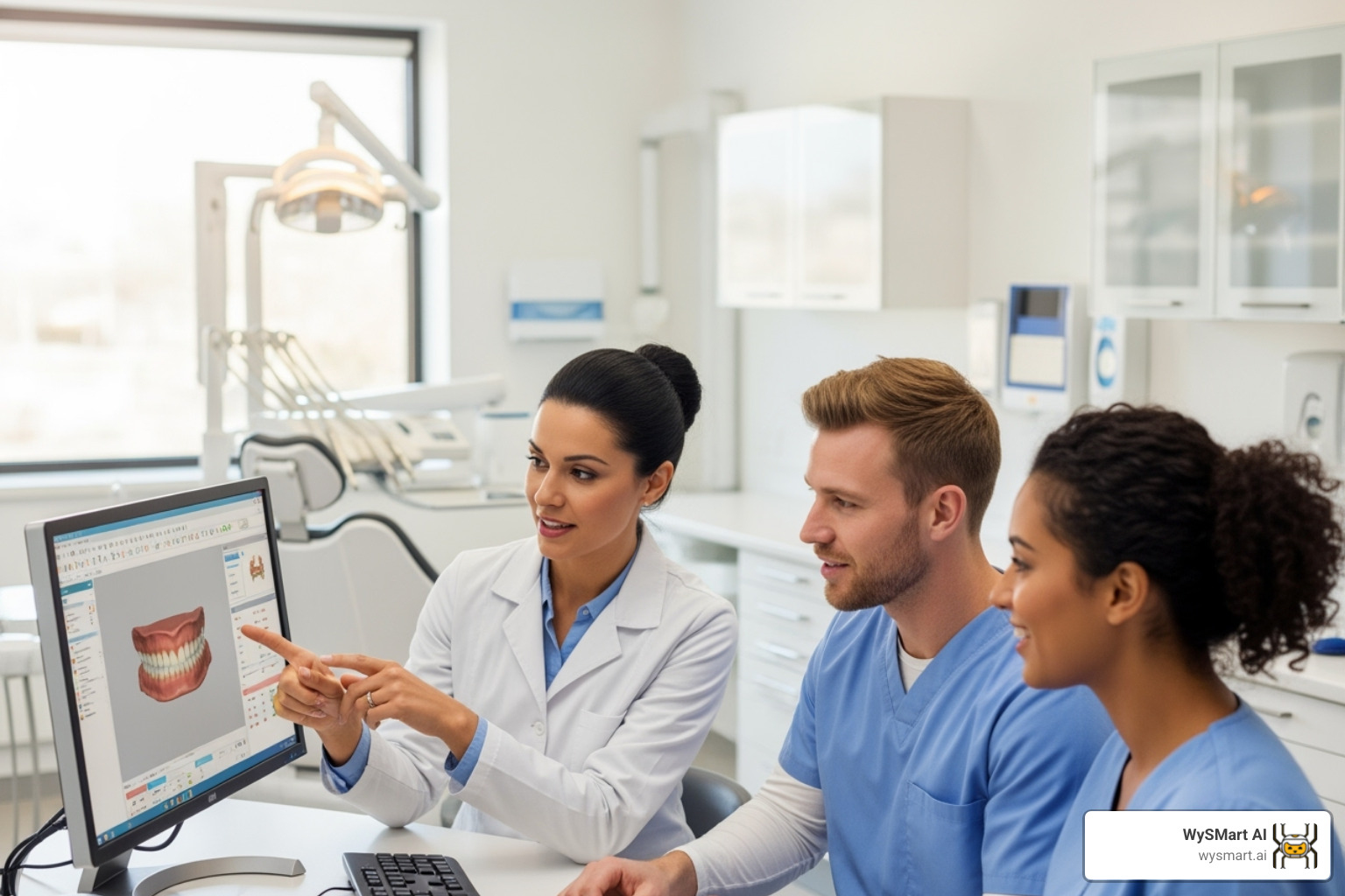 diverse dental team collaborating around a computer screen - Dental AI software