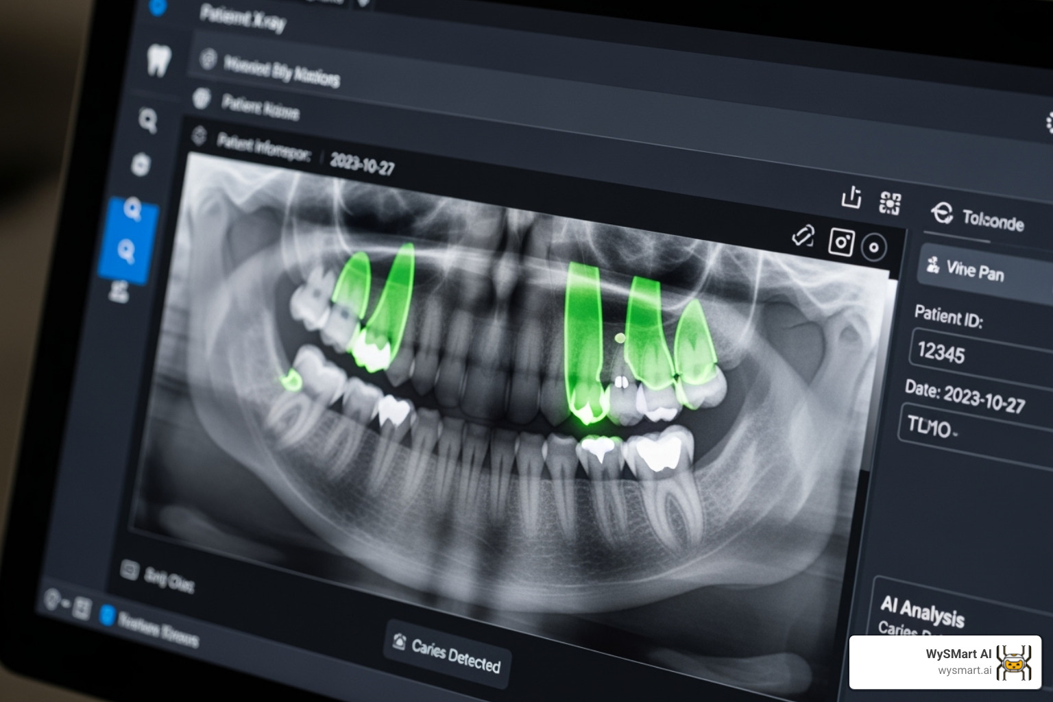 close-up on a screen showing AI highlighting caries on a bitewing x-ray - Dental AI software