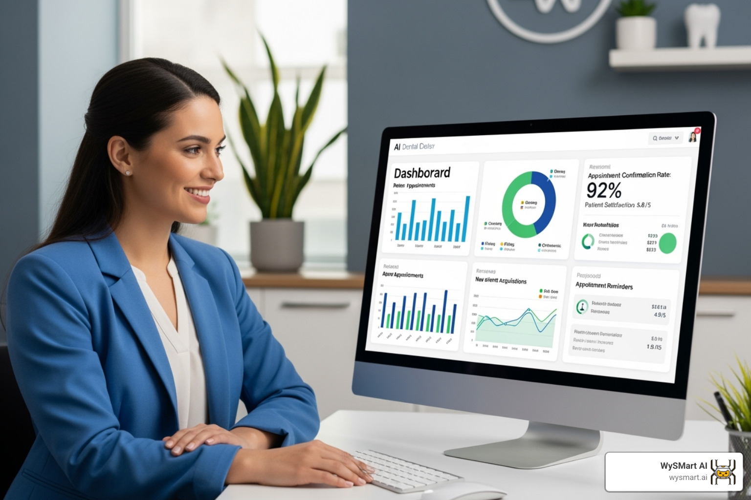 dental office manager smiling at their computer, with an AI dashboard visible - Dental AI software