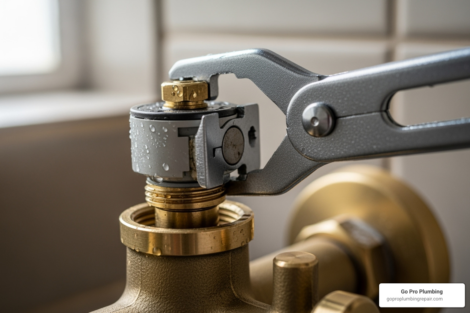 exposed shower cartridge with a cartridge puller tool attached - remove cartridge from shower faucet