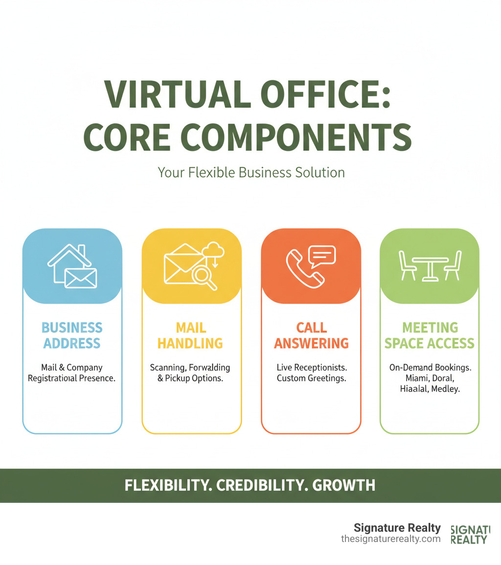 Infographic showing the core components of a virtual office: Business Address for mail and company registration, Mail Handling with scanning and forwarding options, Call Answering with live receptionists greeting callers, and Meeting Space Access for on-demand bookings in Miami, Doral, Hialeah, and Medley - virtual office rental infographic Infographic showing the core components of a virtual office: Business Address for mail and company registration, Mail Handling with scanning and forwarding options, Call Answering with live receptionists greeting callers, and Meeting Space Access for on-demand bookings in Miami, Doral, Hialeah, and Medley - virtual office rental infographic