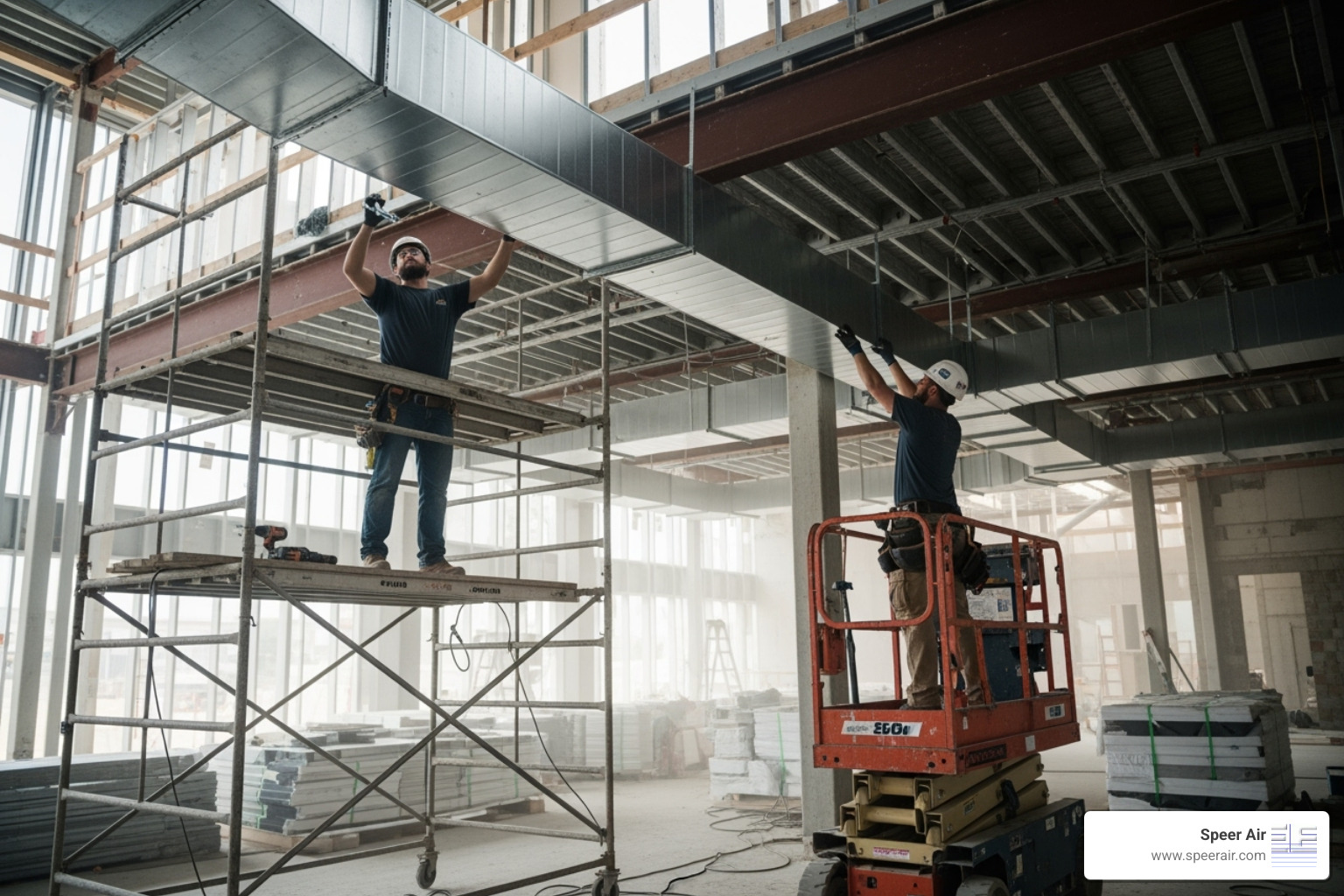 technicians professionally installing commercial-grade ductwork in a new construction setting - business hvac installation denville nj technicians professionally installing commercial-grade ductwork in a new construction setting - business hvac installation denville nj