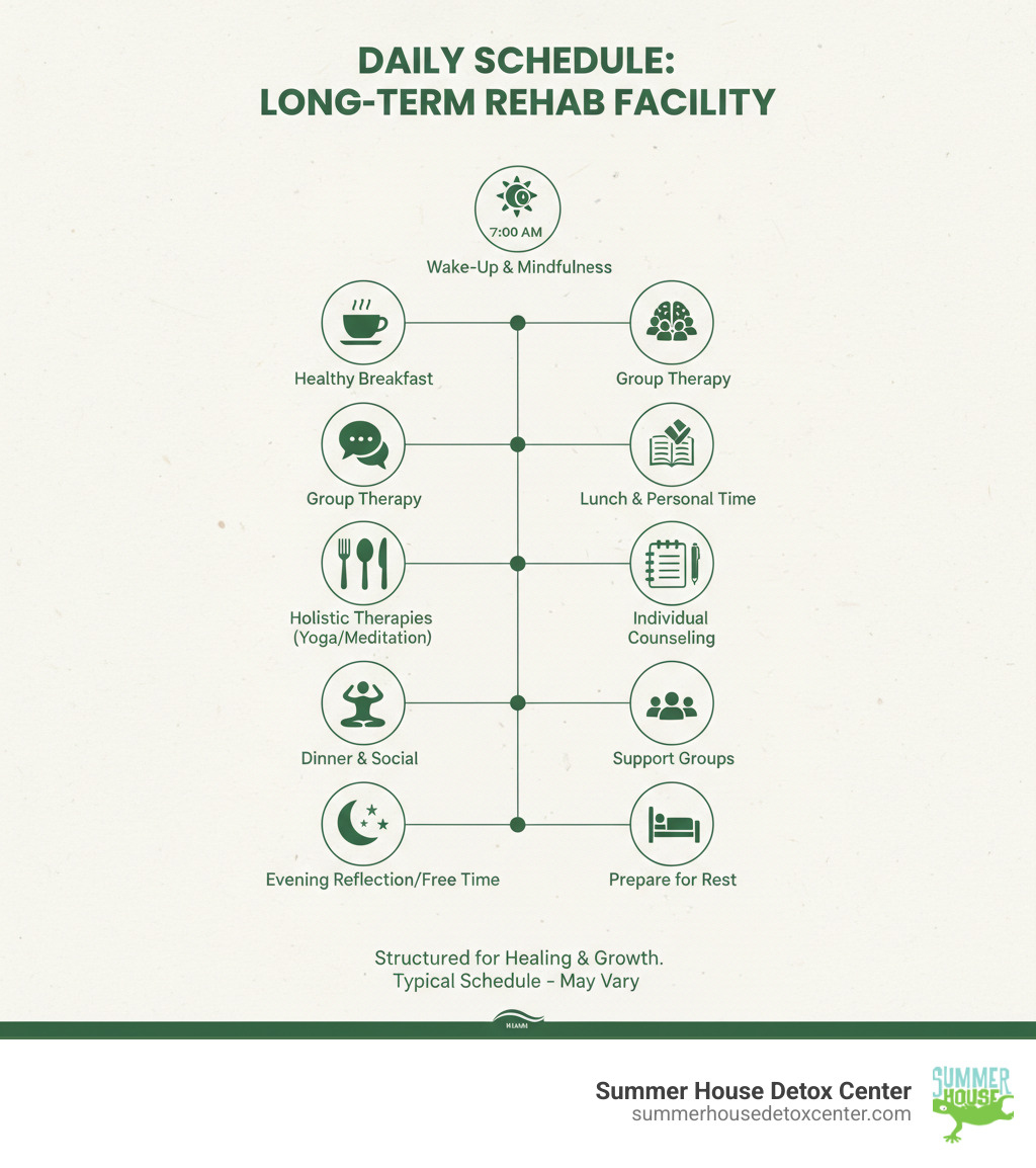 Infographic explaining the typical daily schedule in a long-term rehab facility - long term rehab miami infographic 