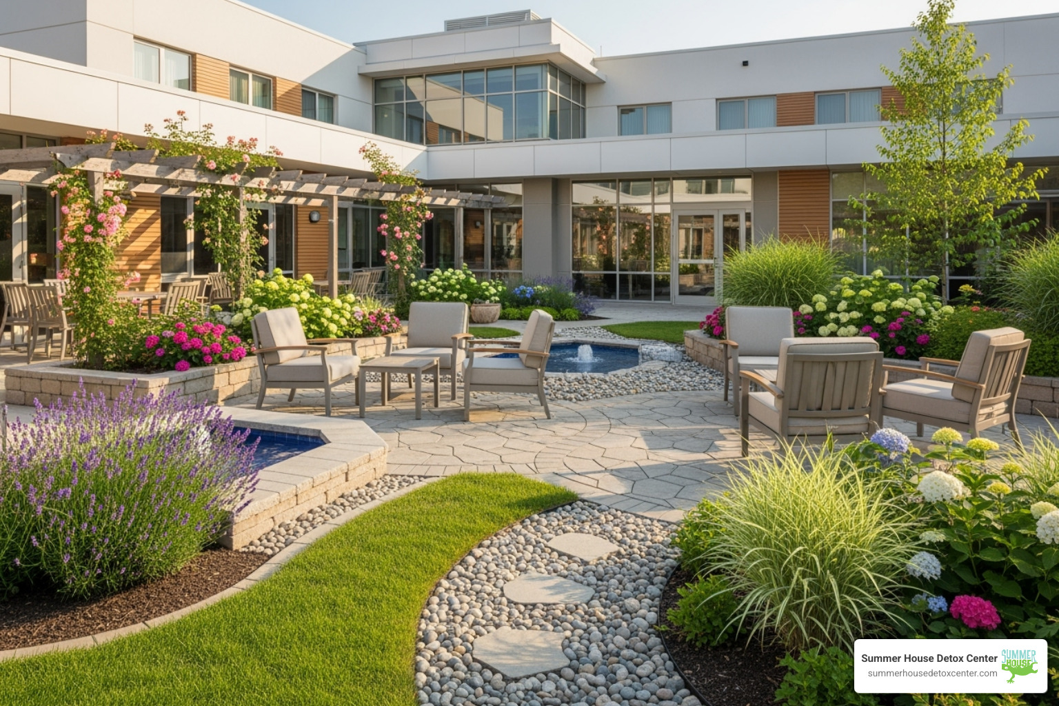 Peaceful outdoor garden area at a rehab facility - long term rehab miami