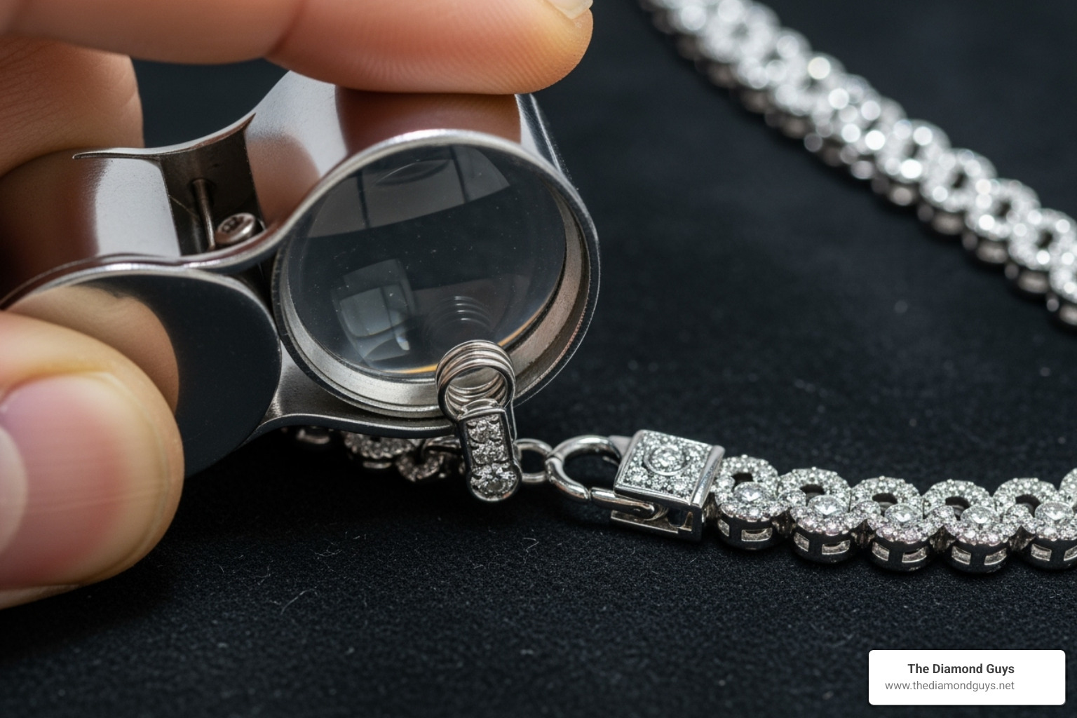 jeweler's loupe inspecting a diamond chain's clasp - men's real diamond chain