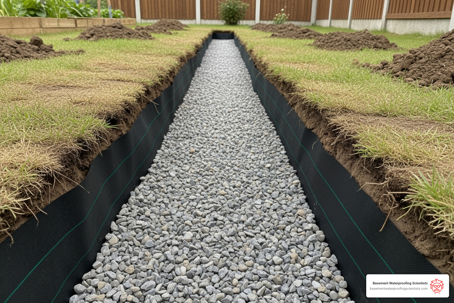trench lined with fabric and a layer of gravel - backyard drain tile installation trench lined with fabric and a layer of gravel - backyard drain tile installation