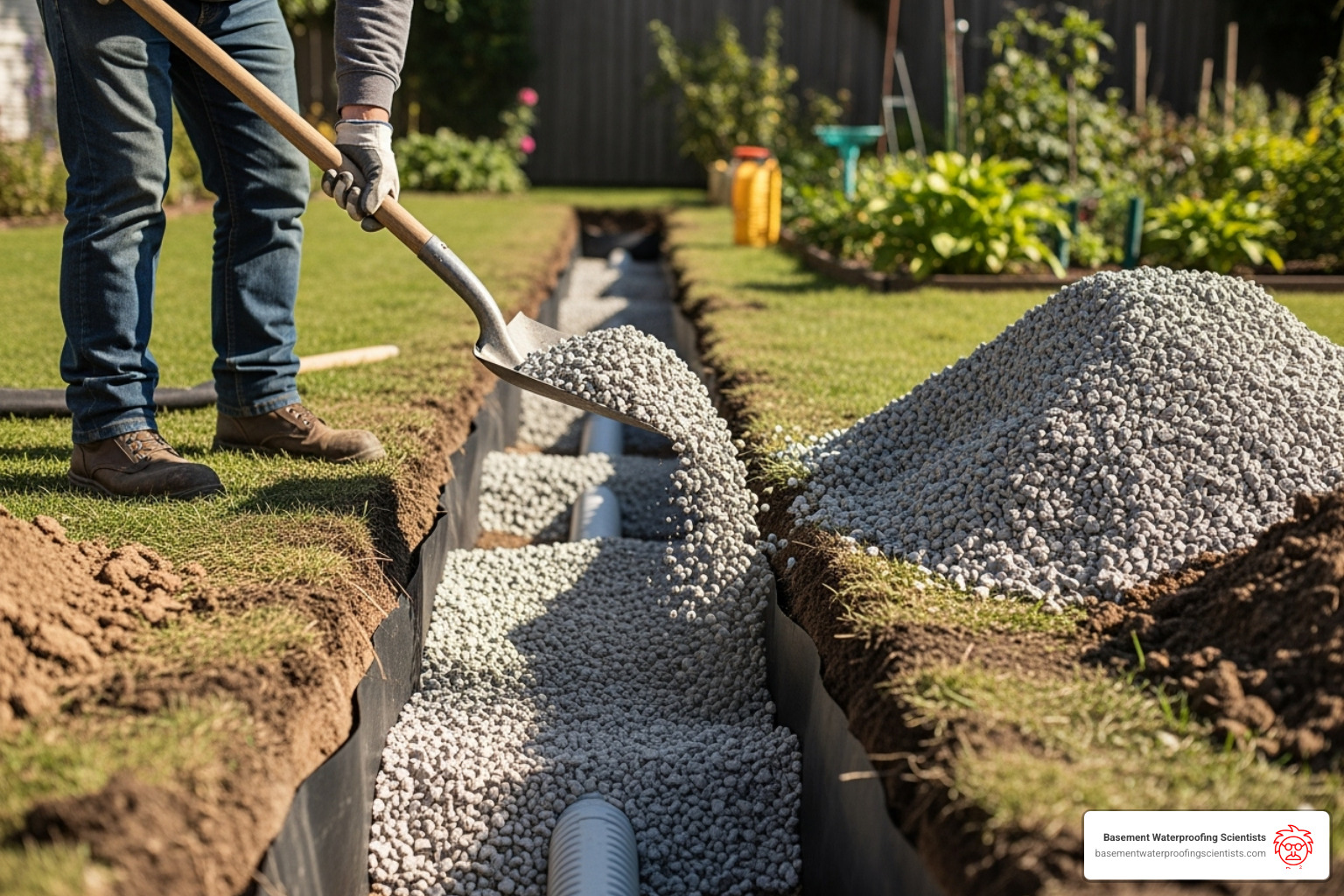 gravel being shoveled over the pipe - backyard drain tile installation gravel being shoveled over the pipe - backyard drain tile installation