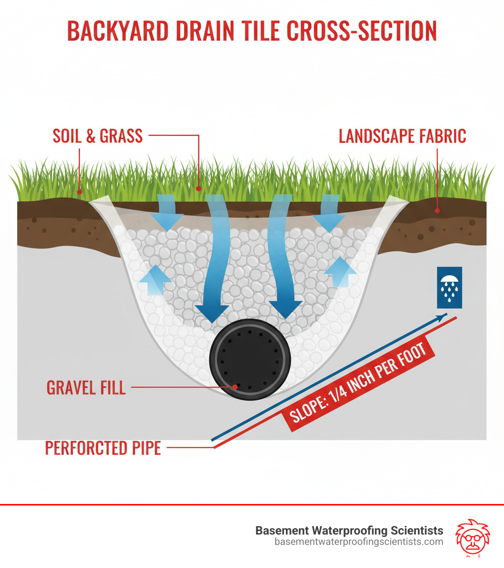 infographic showing cross-section of drain tile system with labeled components: perforated pipe at bottom, surrounded by gravel, wrapped in landscape fabric, with arrows showing water flow direction and proper slope angle of 1/4 inch per foot - backyard drain tile installation infographic infographic showing cross-section of drain tile system with labeled components: perforated pipe at bottom, surrounded by gravel, wrapped in landscape fabric, with arrows showing water flow direction and proper slope angle of 1/4 inch per foot - backyard drain tile installation infographic