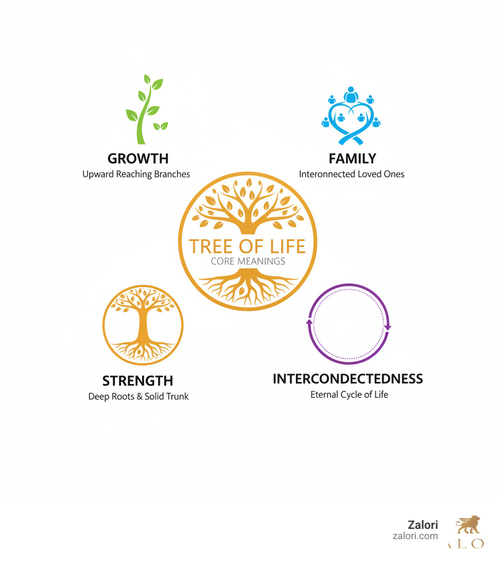 Infographic showing the four core meanings of the Tree of Life symbol: Growth represented by upward reaching branches, Family shown through interconnected branches representing loved ones, Strength depicted by deep roots and solid trunk, and Interconnectedness illustrated by the circular design connecting all elements together in the eternal cycle of life - tree of life pendant infographic Infographic showing the four core meanings of the Tree of Life symbol: Growth represented by upward reaching branches, Family shown through interconnected branches representing loved ones, Strength depicted by deep roots and solid trunk, and Interconnectedness illustrated by the circular design connecting all elements together in the eternal cycle of life - tree of life pendant infographic