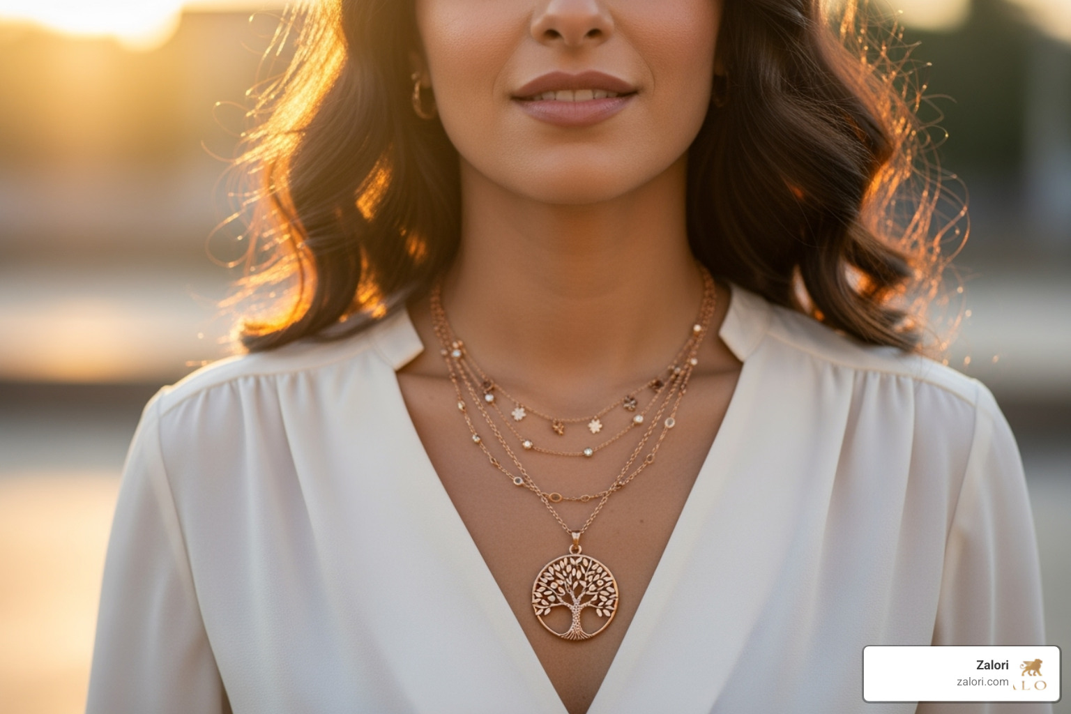model wearing a layered Tree of Life pendant with a stylish outfit - tree of life pendant model wearing a layered Tree of Life pendant with a stylish outfit - tree of life pendant