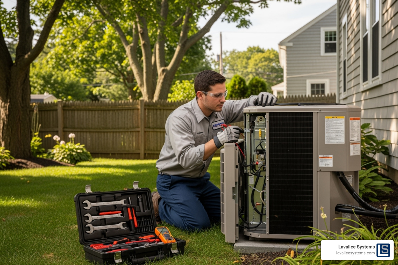 A technician repairing an AC unit in a Newton home - hvac guarantees newton ma