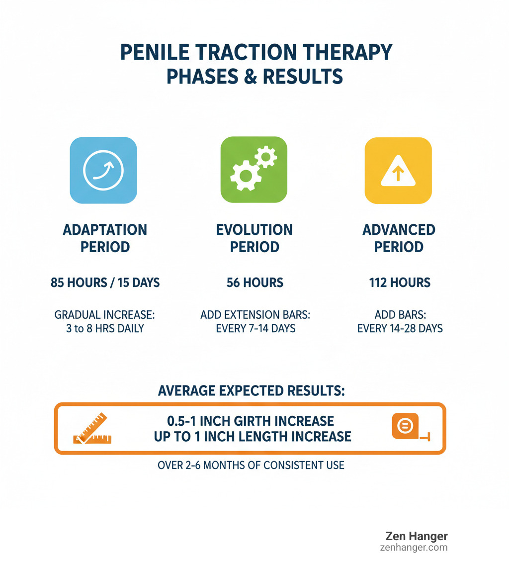 Infographic showing the three phases of penile traction therapy: Adaptation Period (85 hours over 15 days, gradually increasing from 3 to 8 hours daily), Evolution Period (56 hours, adding extension bars every 7-14 days), and Advanced Period (112 hours, adding bars every 14-28 days), with average expected results of 0.5-1 inch girth increase and up to 1 inch length increase over 2-6 months of consistent use - penis extenders Southern California infographic Infographic showing the three phases of penile traction therapy: Adaptation Period (85 hours over 15 days, gradually increasing from 3 to 8 hours daily), Evolution Period (56 hours, adding extension bars every 7-14 days), and Advanced Period (112 hours, adding bars every 14-28 days), with average expected results of 0.5-1 inch girth increase and up to 1 inch length increase over 2-6 months of consistent use - penis extenders Southern California infographic