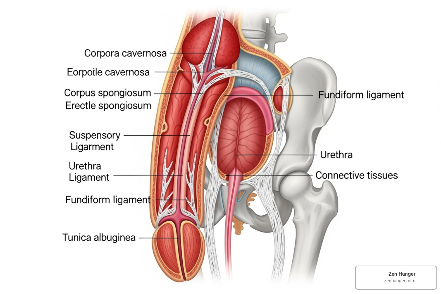 Medical diagram illustrating the corpora cavernosa and penile ligaments - penis extenders Southern California Medical diagram illustrating the corpora cavernosa and penile ligaments - penis extenders Southern California