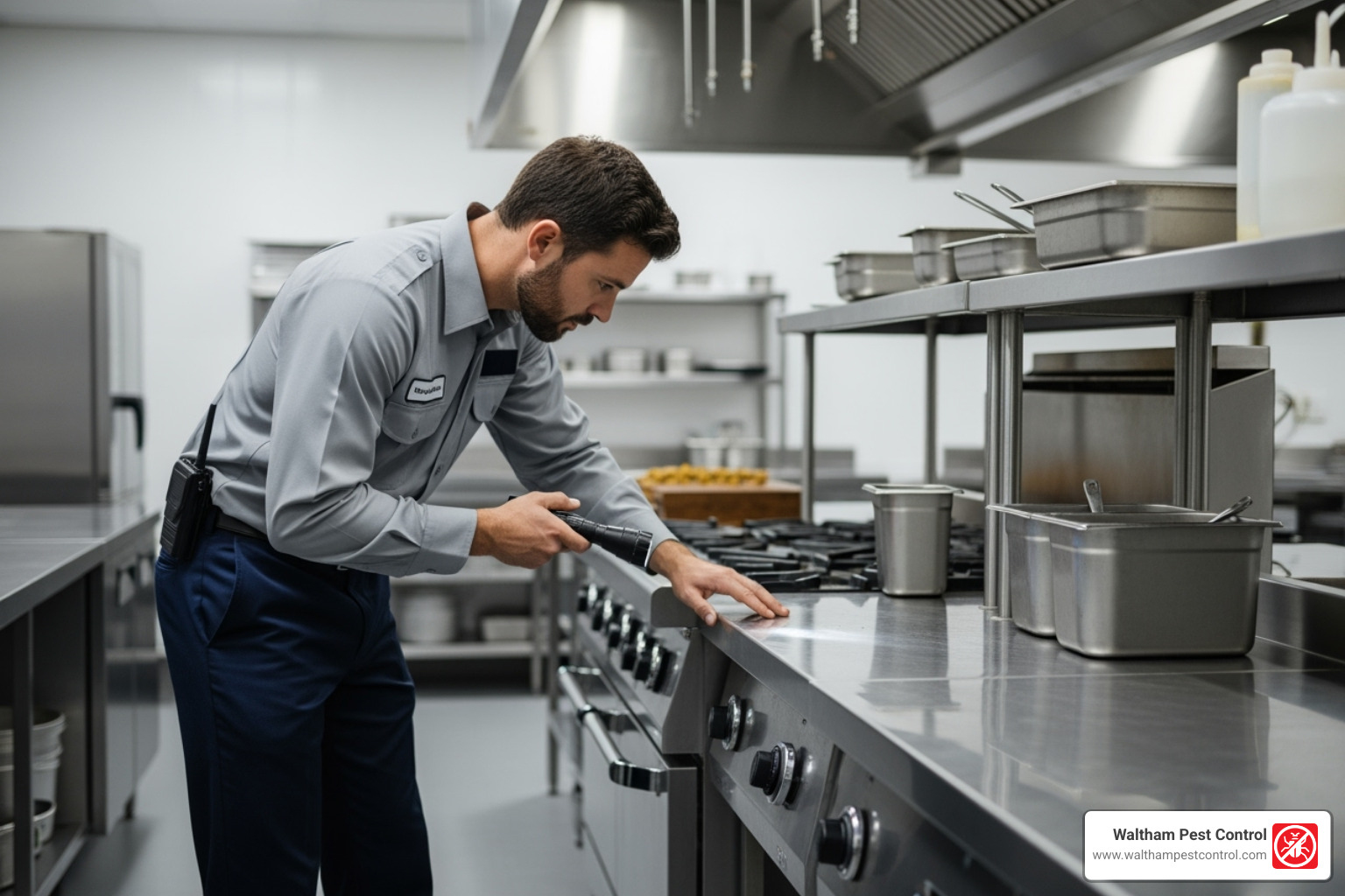 Pest control technician inspecting a commercial kitchen - commercial rodent control services Pest control technician inspecting a commercial kitchen - commercial rodent control services