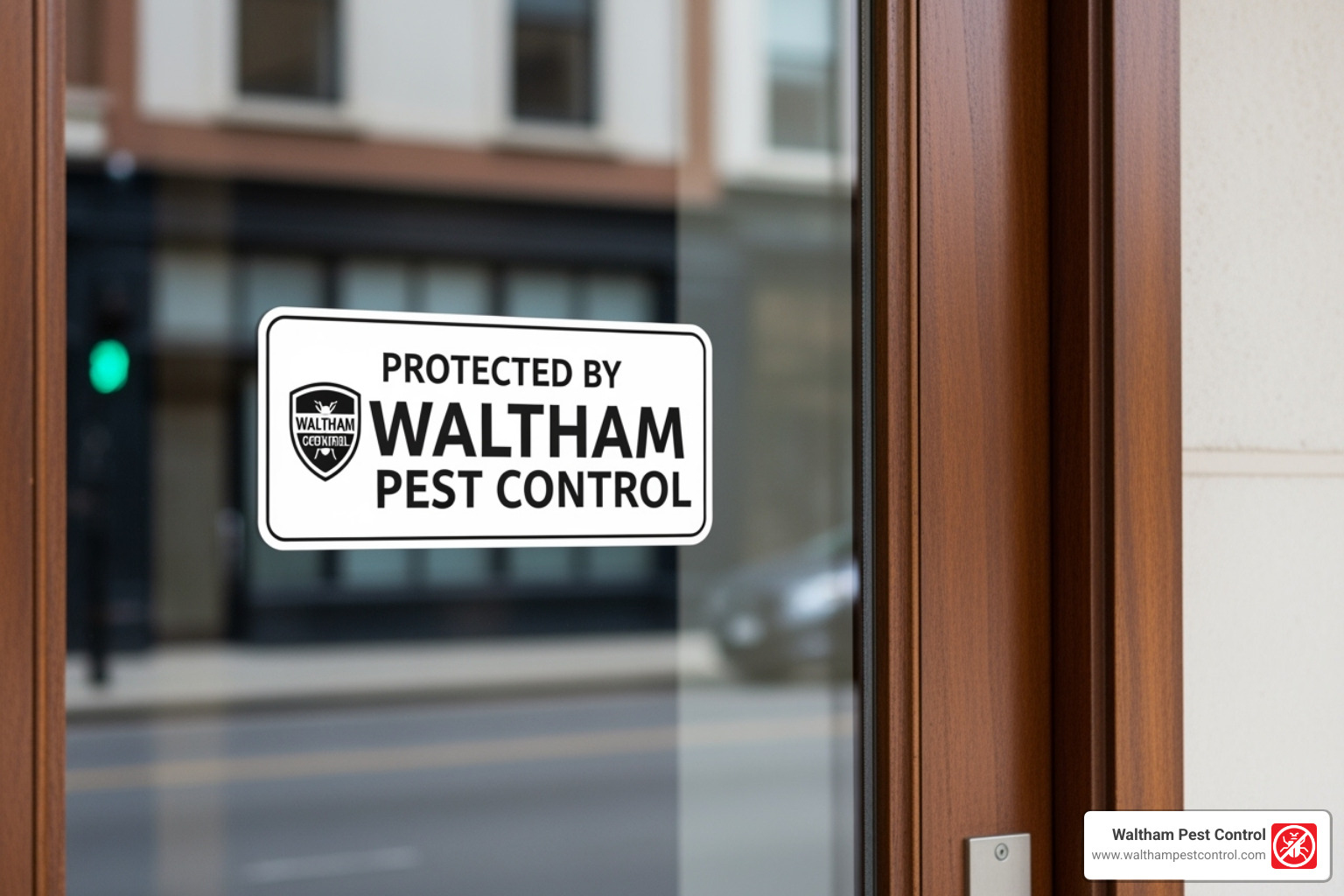 Protected by Waltham Pest Control sticker on a business's front door - commercial rodent control services Protected by Waltham Pest Control sticker on a business's front door - commercial rodent control services
