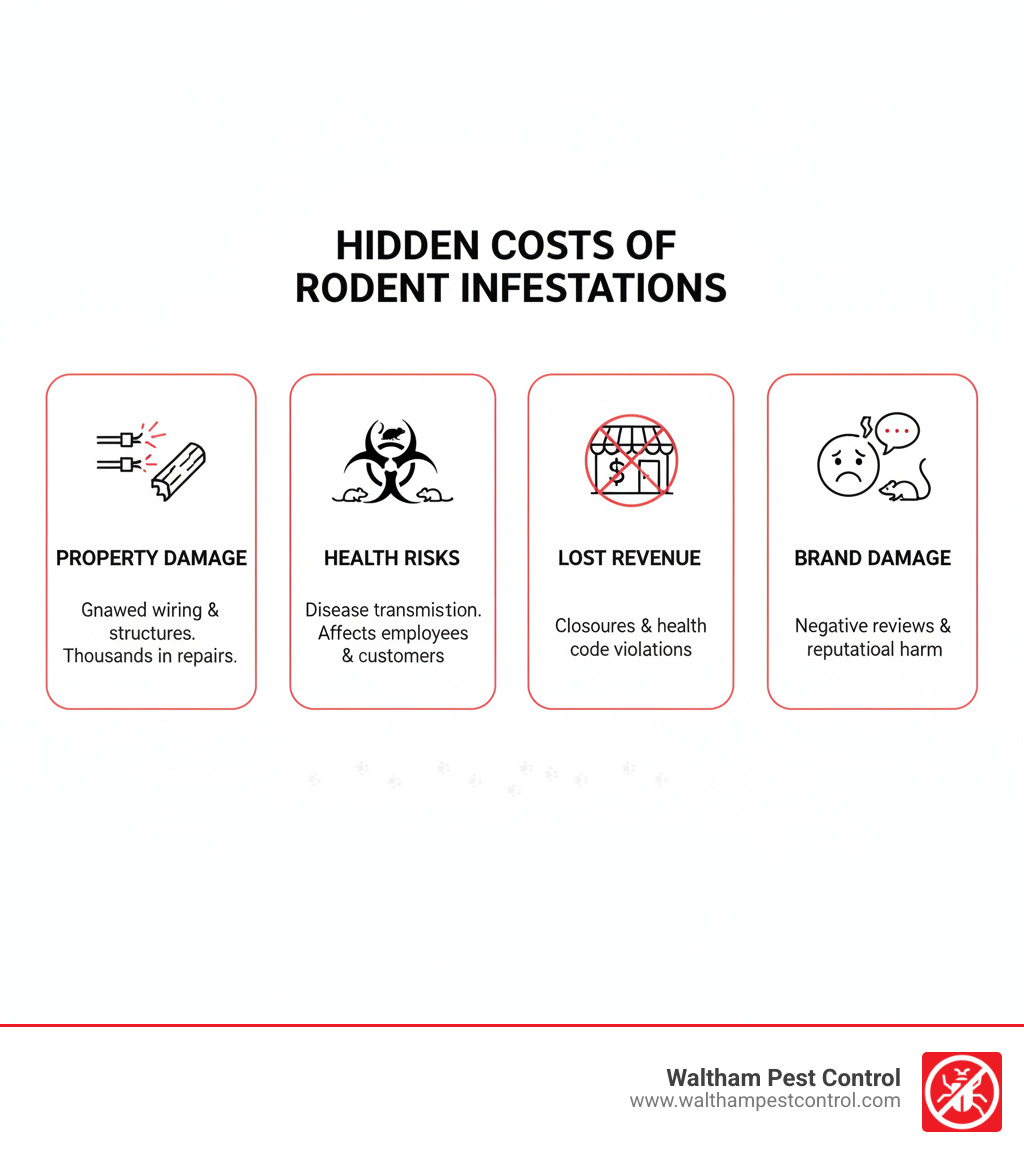 Infographic showing the hidden costs of rodent infestations: property damage from gnawed wiring and structures costing thousands in repairs, health risks from disease transmission affecting employees and customers, lost revenue from closures and health code violations, and brand damage from negative reviews and reputational harm - commercial rodent control services infographic Infographic showing the hidden costs of rodent infestations: property damage from gnawed wiring and structures costing thousands in repairs, health risks from disease transmission affecting employees and customers, lost revenue from closures and health code violations, and brand damage from negative reviews and reputational harm - commercial rodent control services infographic