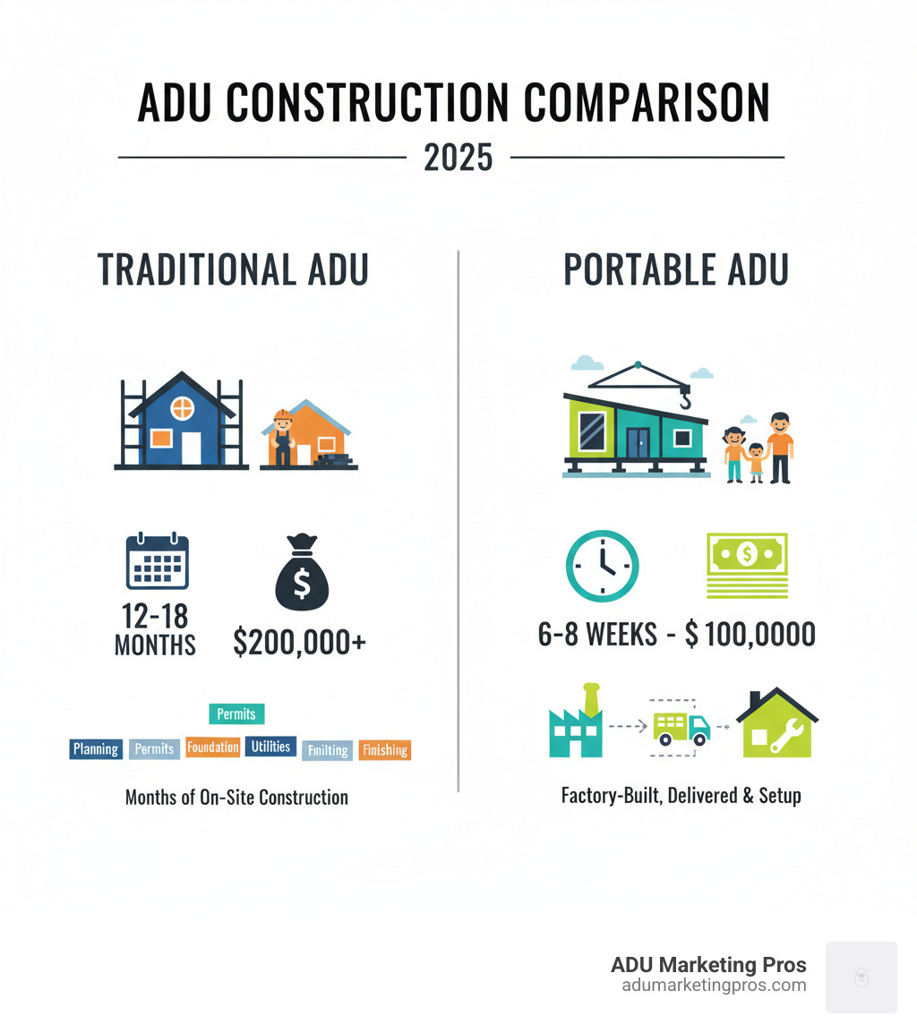 Infographic comparing traditional stick-built ADU construction versus portable ADU installation showing timeline of 12-18 months versus 6-8 weeks, cost range of $200,000+ versus $30,000-$100,000, and installation process of months of on-site construction versus factory-built delivery and quick setup - Portable ADU for sale infographic Infographic comparing traditional stick-built ADU construction versus portable ADU installation showing timeline of 12-18 months versus 6-8 weeks, cost range of $200,000+ versus $30,000-$100,000, and installation process of months of on-site construction versus factory-built delivery and quick setup - Portable ADU for sale infographic