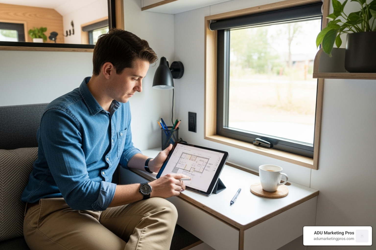 person reviewing blueprints or design on tablet inside portable ADU - Portable ADU for sale person reviewing blueprints or design on tablet inside portable ADU - Portable ADU for sale