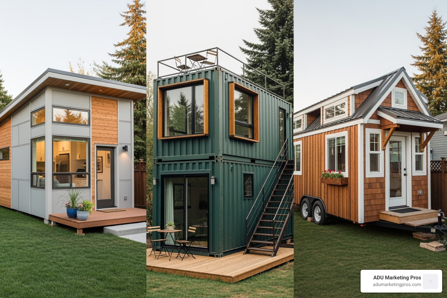 collage showing modular unit, container home, and tiny home on wheels - Portable ADU for sale collage showing modular unit, container home, and tiny home on wheels - Portable ADU for sale