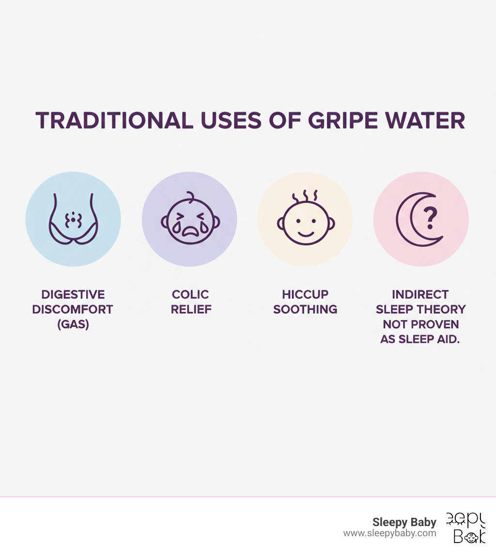 infographic showing traditional uses of gripe water: digestive discomfort from gas (shown with baby tummy icon), colic relief (crying baby icon), hiccup soothing (baby with hiccups icon), and indirect sleep theory (moon icon with question mark) - noting it's not proven as a sleep aid - gripe water for sleep infographic 