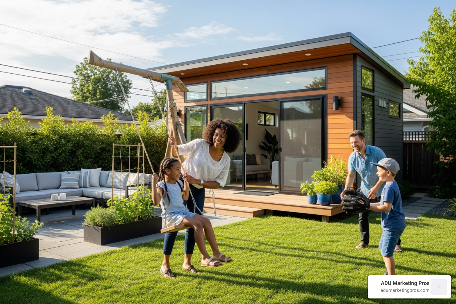 family enjoying backyard with portable ADU guest house - Portable ADU for sale family enjoying backyard with portable ADU guest house - Portable ADU for sale
