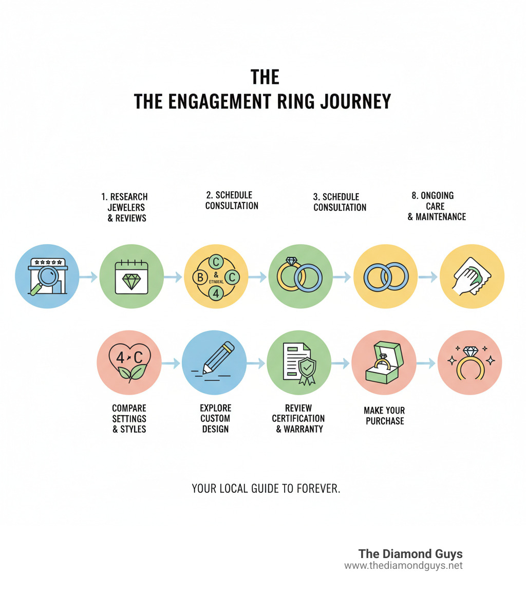 infographic showing the complete engagement ring buying process: 1. Research local jewelers and read reviews, 2. Schedule consultation to see diamonds in person, 3. Learn about the 4Cs and ethical sourcing, 4. Compare settings and styles, 5. Explore custom design options, 6. Review certification and warranties, 7. Make your purchase with confidence, 8. Utilize ongoing care and maintenance services - engagement rings nearby infographic 