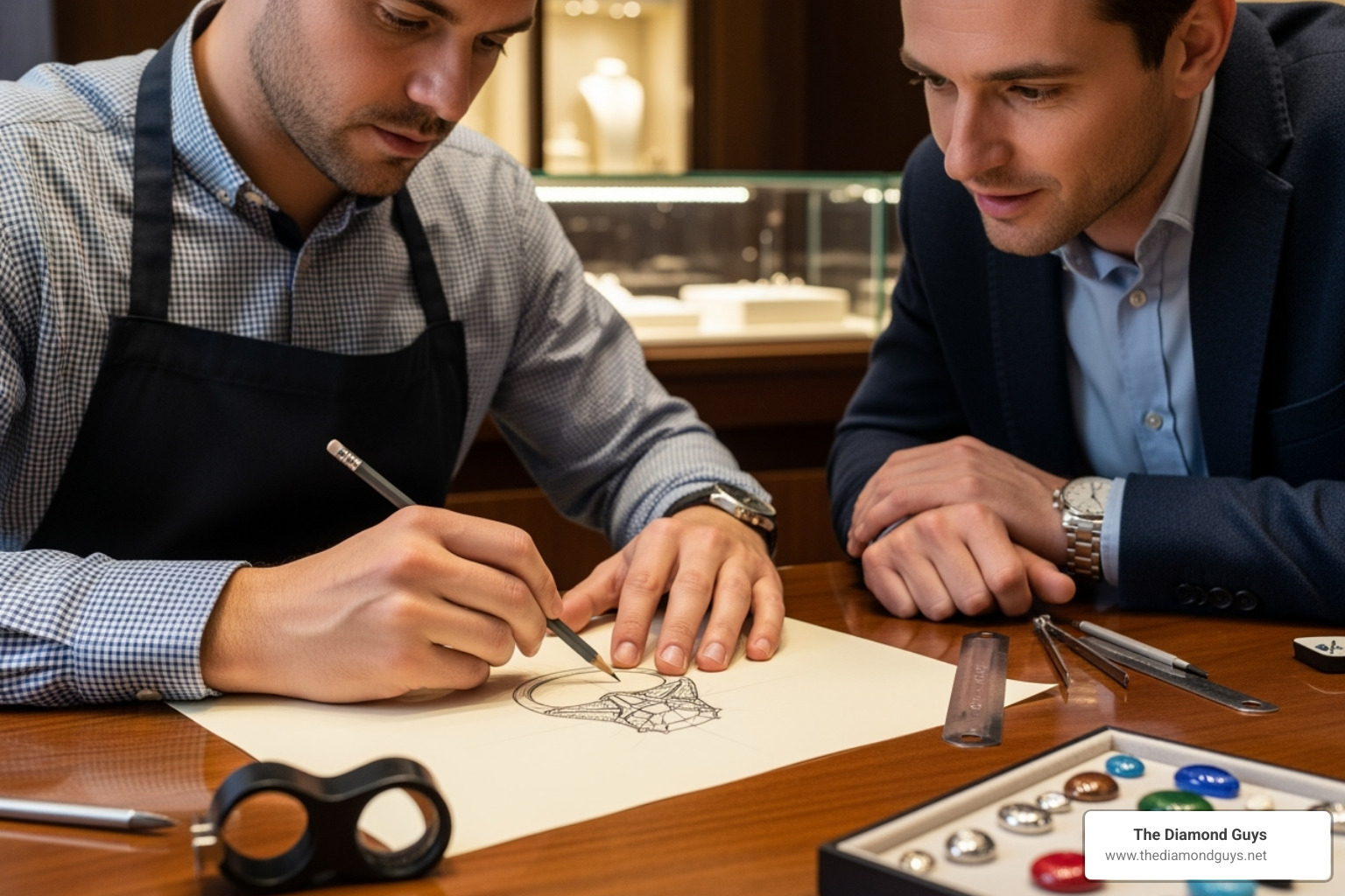 jeweler sketching ring design with client - engagement rings nearby