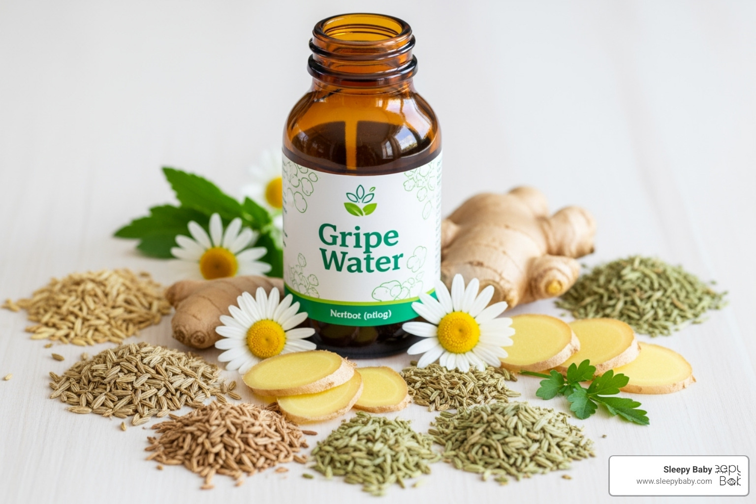 gripe water bottle with key ingredients highlighted - gripe water for sleep
