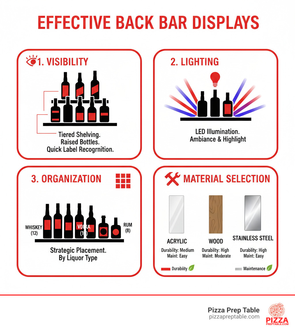 Infographic showing four key elements of effective back bar displays: 1) Visibility - tiered shelving with raised bottles for quick label recognition, 2) Lighting - LED illumination in various colors to create ambiance and highlight premium bottles, 3) Organization - strategic placement by liquor type with bottle counts per tier, and 4) Material Selection - comparison of acrylic, wood, and stainless steel with durability ratings and maintenance requirements - back bar bottle display infographic 
