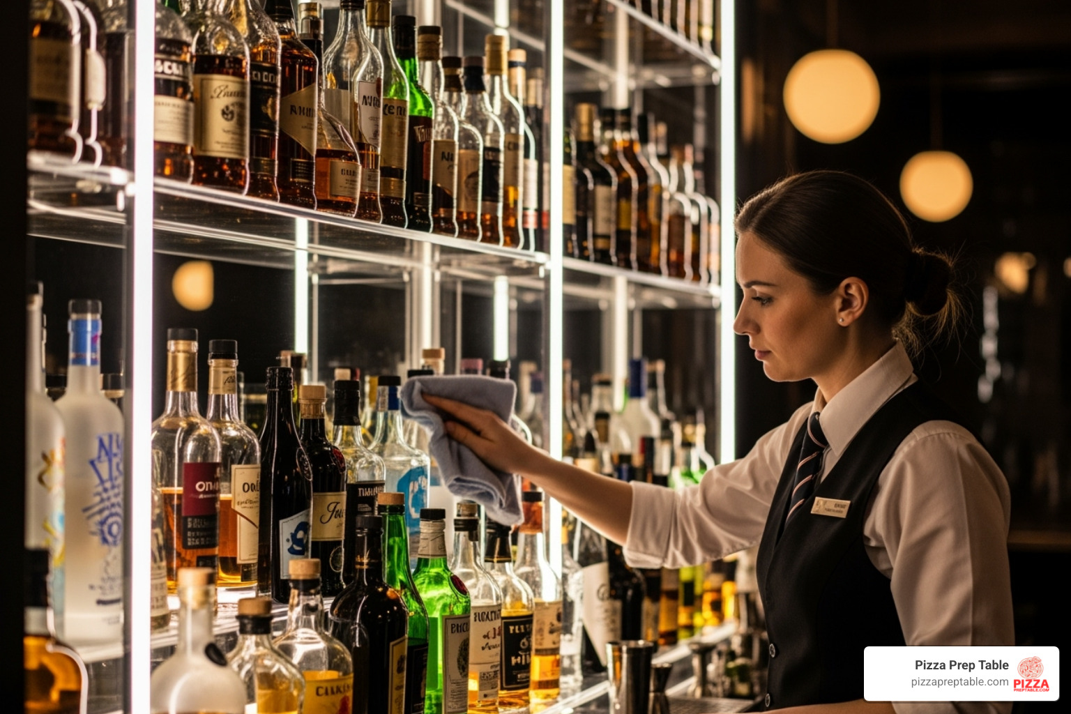 bartender cleaning an acrylic LED bottle display - back bar bottle display
