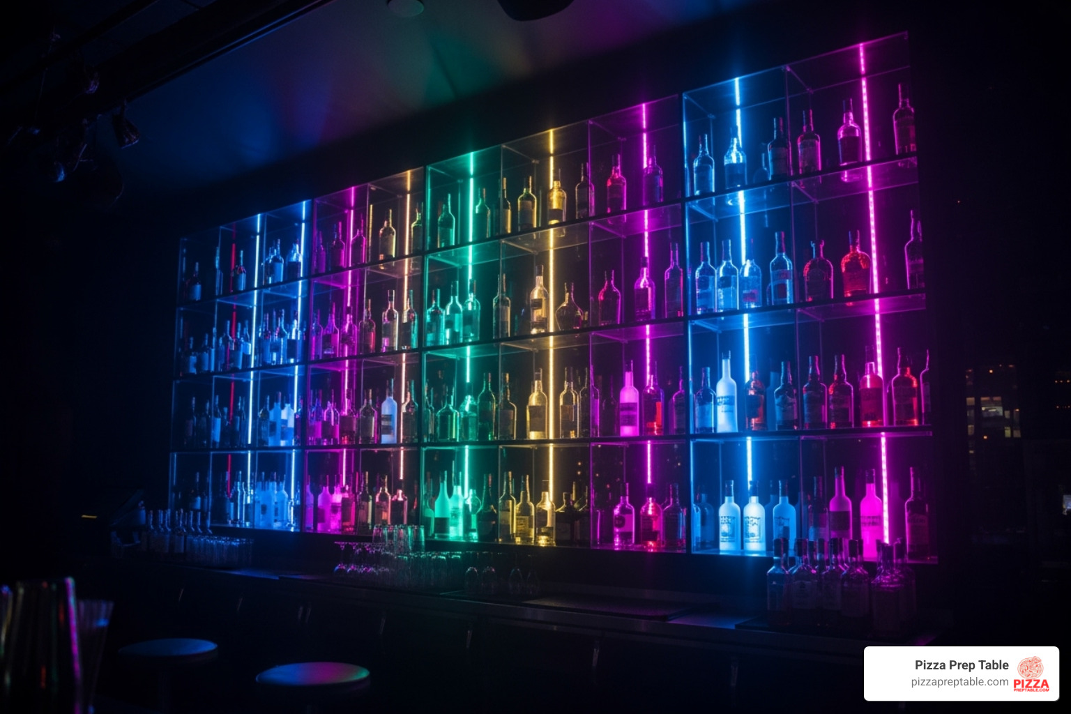 dimly lit nightclub where the LED bottle display is the main focal point, casting a colorful glow - back bar bottle display