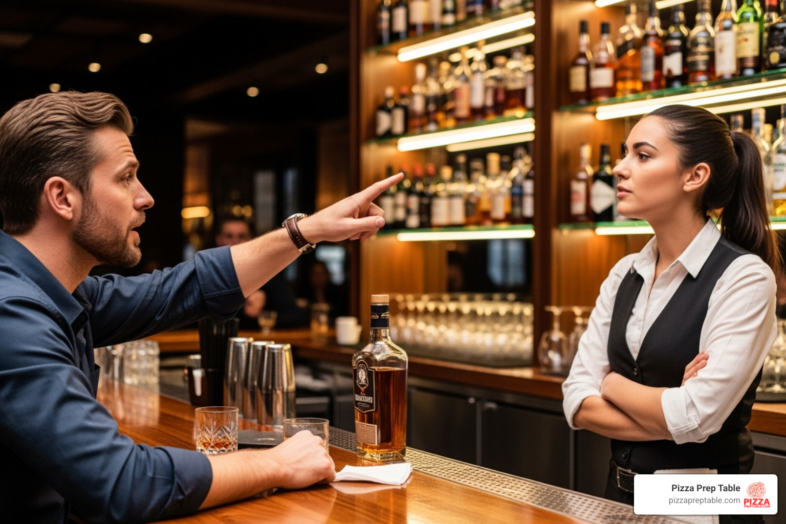 customer pointing to a top-shelf bottle on an illuminated display while talking to a bartender - back bar bottle display