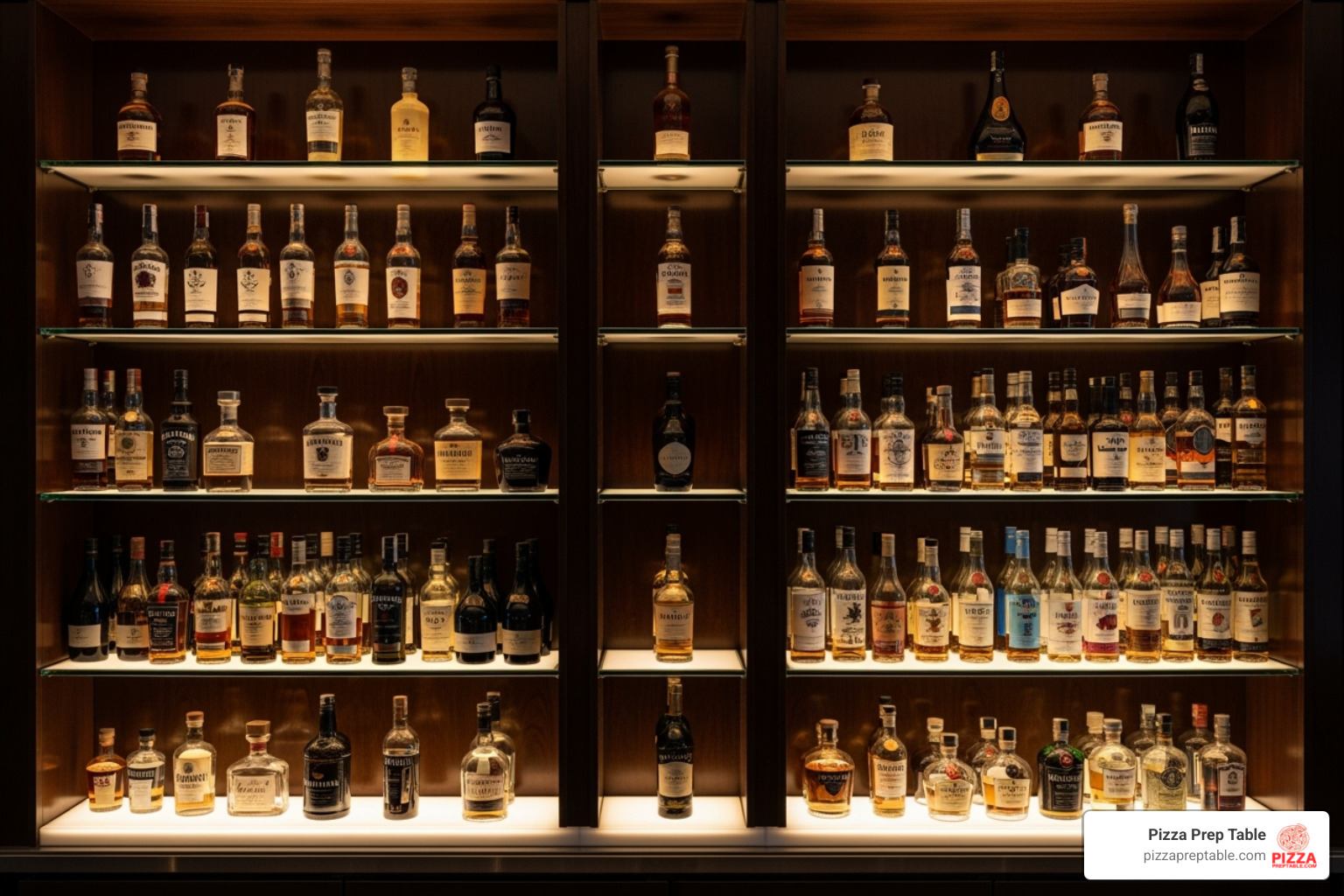 side-by-side comparison showing a rustic wood bottle rack and a modern acrylic LED shelf - back bar bottle display