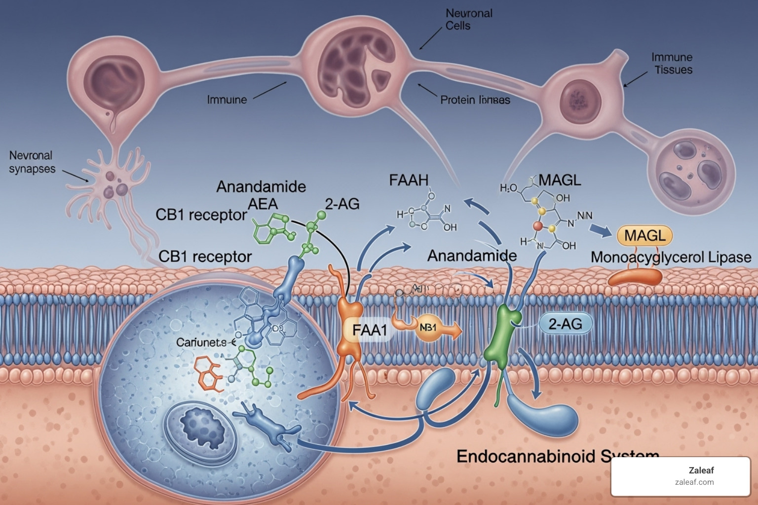 illustration of the Endocannabinoid System (ECS) with receptors and cannabinoids - cbd oil for stress
