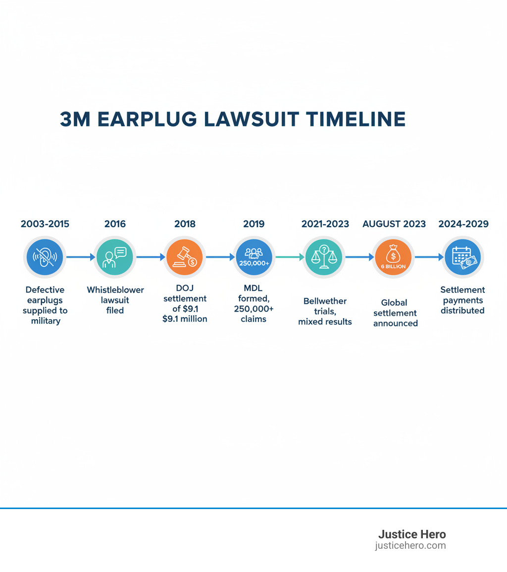 Infographic showing 3M earplug lawsuit timeline: 2003-2015 defective earplugs supplied to military, 2016 whistleblower lawsuit filed, 2018 DOJ settlement of $9.1 million, 2019 MDL formed with over 250,000 claims, 2021-2023 bellwether trials with mixed results, August 2023 $6 billion global settlement announced, 2024-2029 settlement payments distributed - 3m earplug lawsuit infographic Infographic showing 3M earplug lawsuit timeline: 2003-2015 defective earplugs supplied to military, 2016 whistleblower lawsuit filed, 2018 DOJ settlement of $9.1 million, 2019 MDL formed with over 250,000 claims, 2021-2023 bellwether trials with mixed results, August 2023 $6 billion global settlement announced, 2024-2029 settlement payments distributed - 3m earplug lawsuit infographic