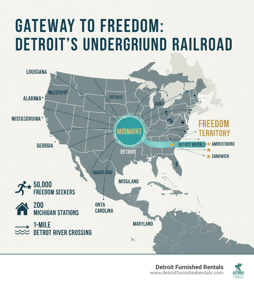 Infographic showing the key Underground Railroad routes converging on Detroit from southern states, the seven known paths through Michigan leading to Detroit, the crossing points across the Detroit River to Windsor and other Canadian locations, with Detroit marked as "Midnight" and Canada marked as freedom territory, including statistics: 50,000 freedom seekers, 200 Michigan stations, and the one-mile distance across the Detroit River - underground railroad detroit michigan infographic 