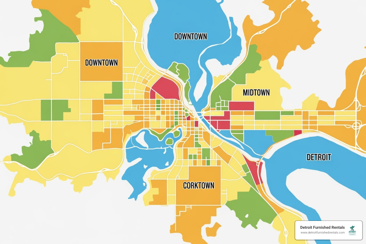 map of detroit highlighting key neighborhoods - furnished rentals detroit