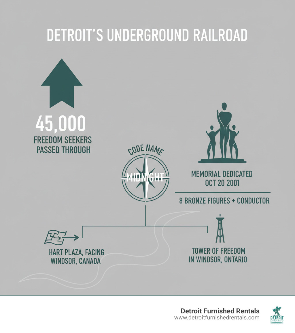 Infographic showing Detroit's Underground Railroad statistics: 45,000 freedom seekers passed through the city, Detroit's code name was Midnight, memorial dedicated October 20 2001, features 8 bronze figures and conductor, located in Hart Plaza facing Windsor Canada, companion Tower of Freedom memorial across the river in Windsor Ontario - international memorial to the underground railroad infographic 