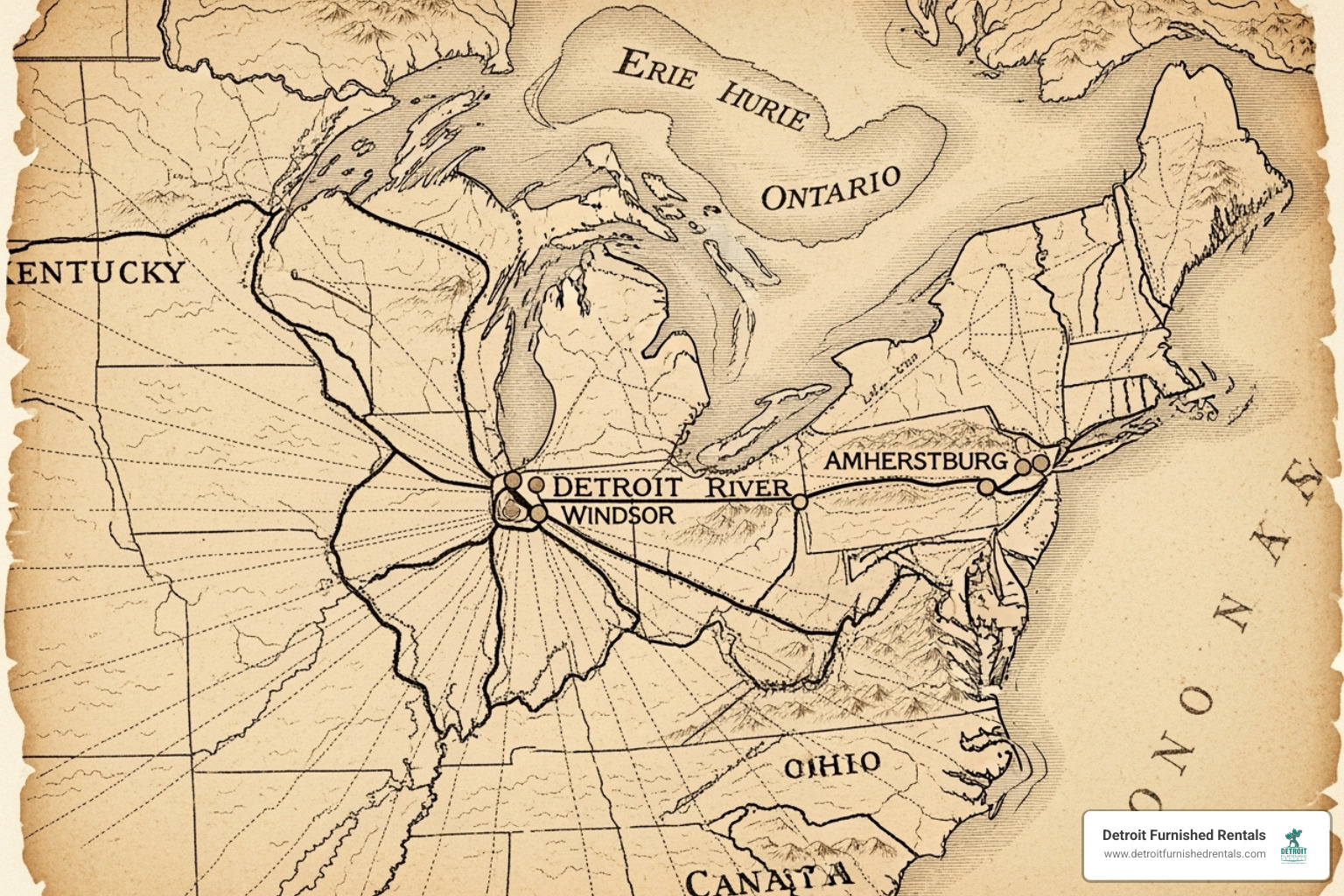 Historical map showing Underground Railroad routes to Detroit - international memorial to the underground railroad