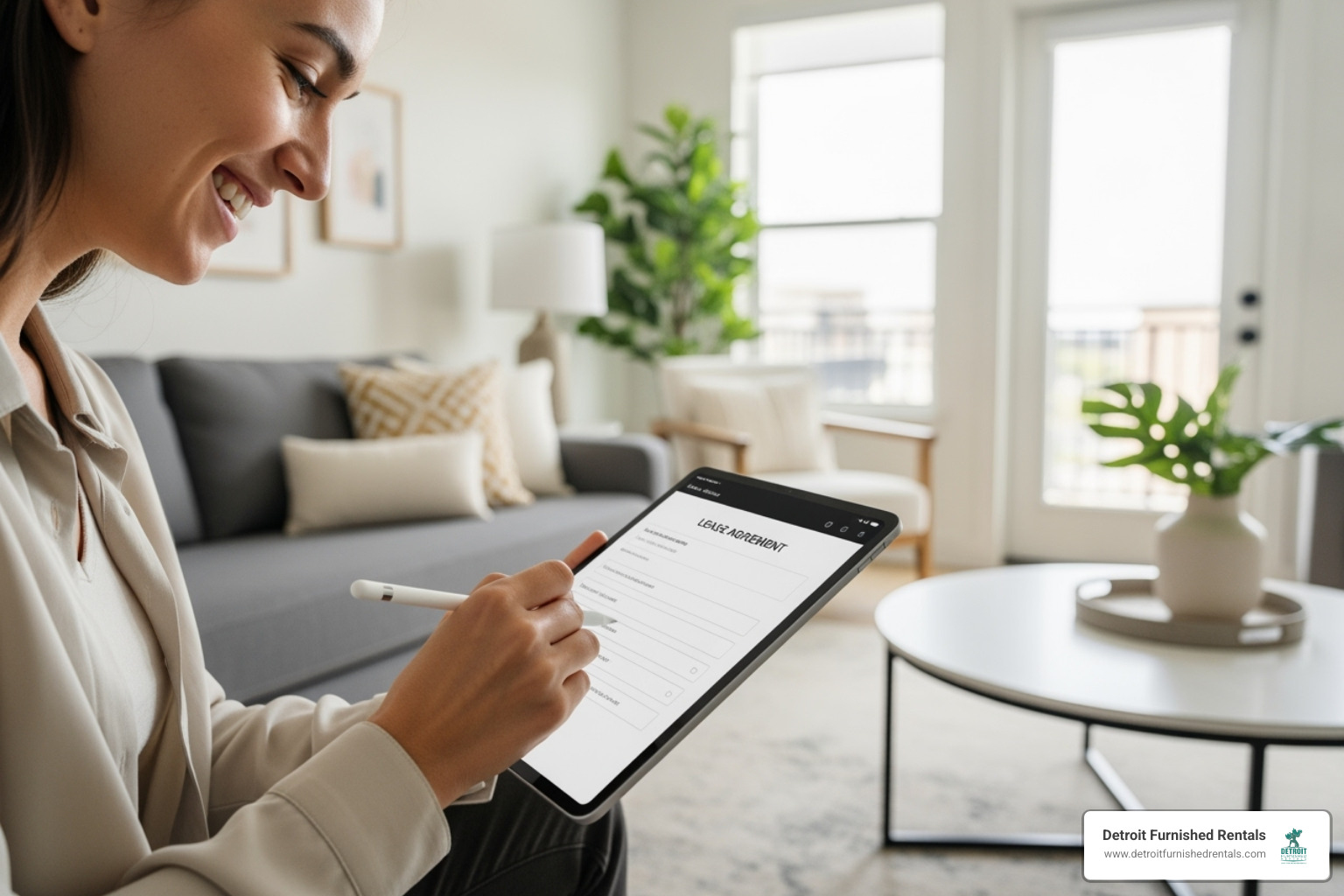 Person happily signing a lease on a tablet in their new apartment - furnished apartments in detroit mi